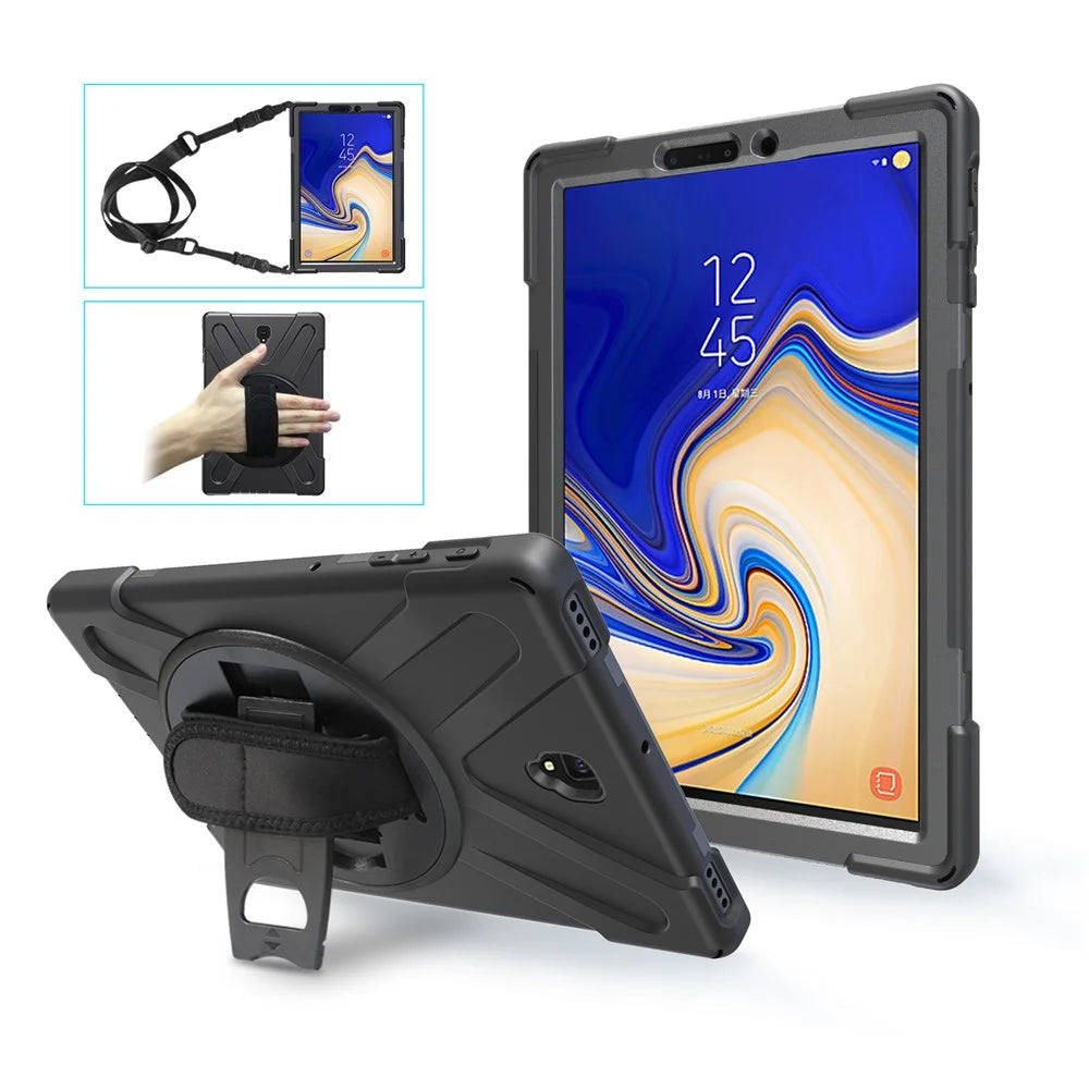 For Samsung Galaxy Tab S4 10.5 T830 T835 Case with Shoulder Strap [X-Shape] 360° Swivel Kickstand PC + TPU Cover - All Black - 1