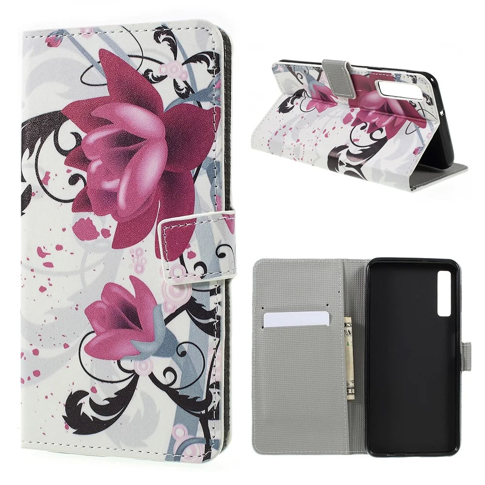 Pattern Printing PU Leather Magnetic Wallet Stand Case for Samsung Galaxy A7 (2018) - Purple Flower - 1