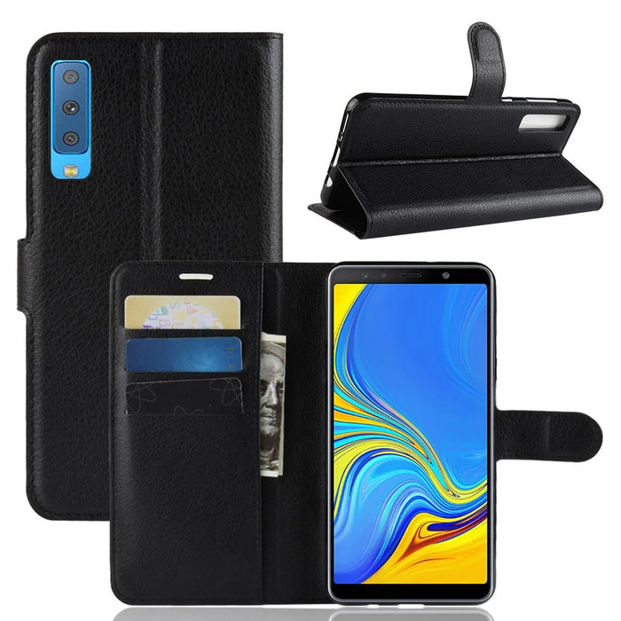 Litchi Skin PU Leather Protection Phone Shell for Samsung Galaxy A7 (2018) with Wallet Stand Design - Black - 1