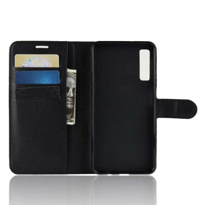Litchi Skin PU Leather Protection Phone Shell for Samsung Galaxy A7 (2018) with Wallet Stand Design - Black - 3