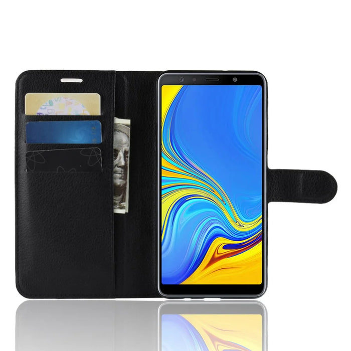 Litchi Skin PU Leather Protection Phone Shell for Samsung Galaxy A7 (2018) with Wallet Stand Design - Black - 4