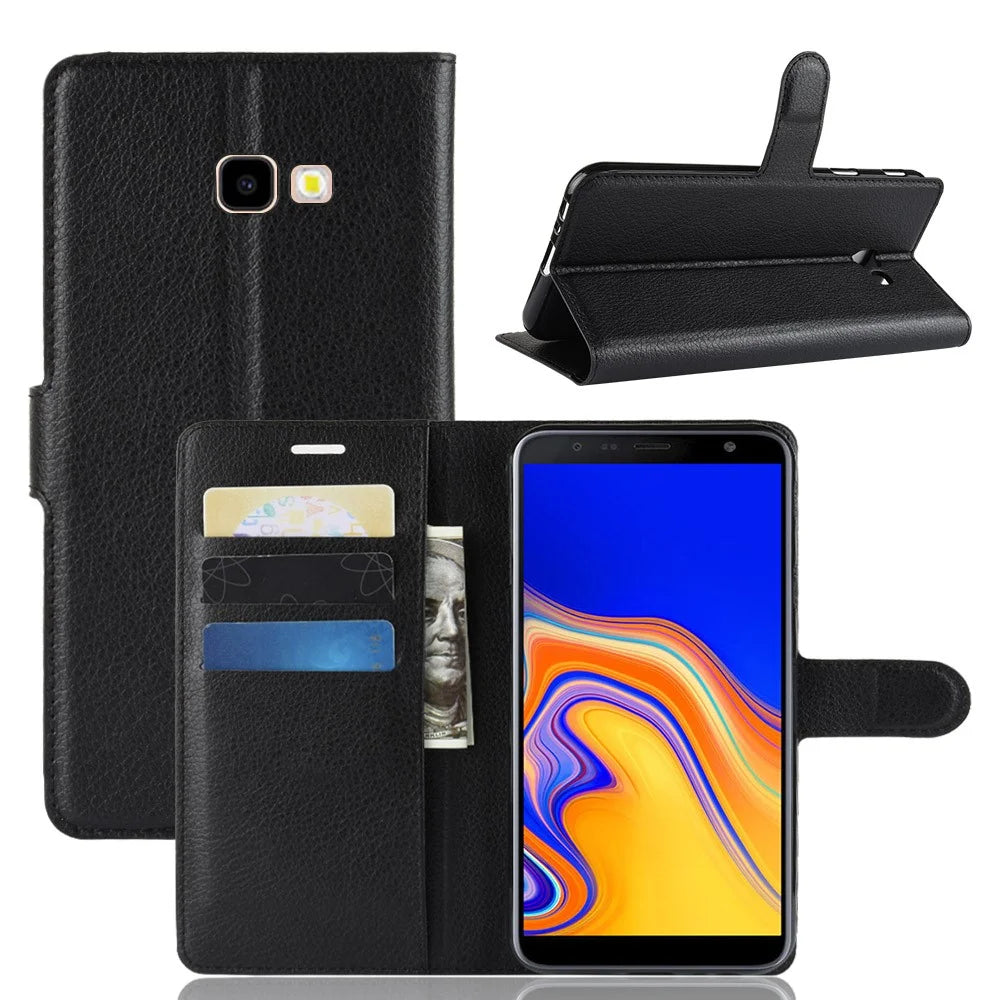Litchi Skin Wallet Leather Stand Case for Samsung Galaxy J4+ - Black - 1