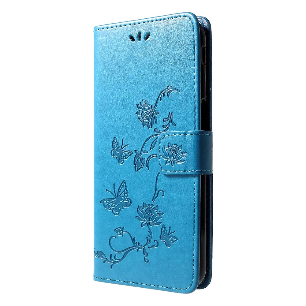 Imprint Butterfly Flower Wallet Stand Leather Cellphone Case for Samsung Galaxy J6+ / J6 Prime - Blue - 2
