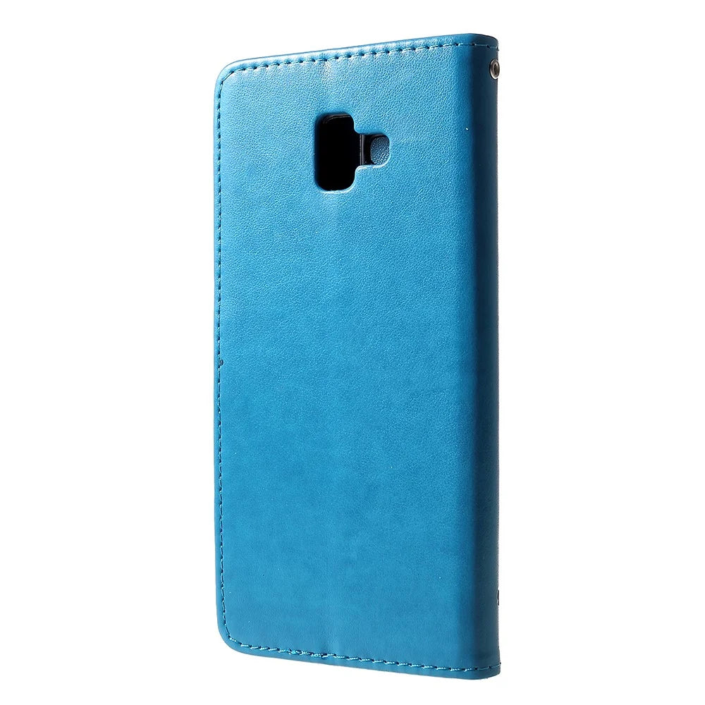 Imprint Butterfly Flower Wallet Stand Leather Cellphone Case for Samsung Galaxy J6+ / J6 Prime - Blue - 3