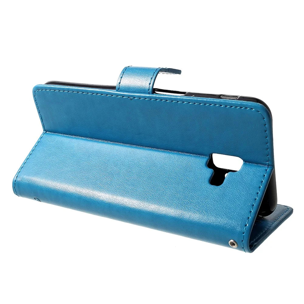 Imprint Butterfly Flower Wallet Stand Leather Cellphone Case for Samsung Galaxy J6+ / J6 Prime - Blue - 4