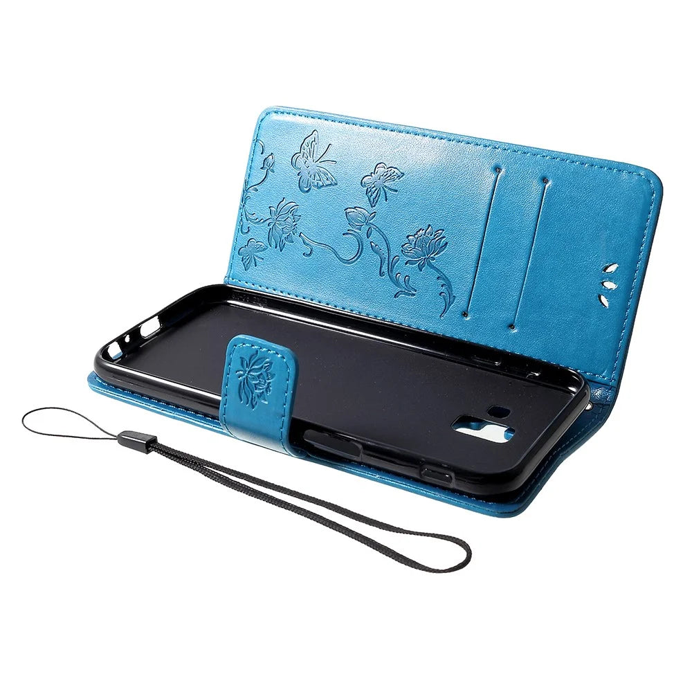 Imprint Butterfly Flower Wallet Stand Leather Cellphone Case for Samsung Galaxy J6+ / J6 Prime - Blue - 5