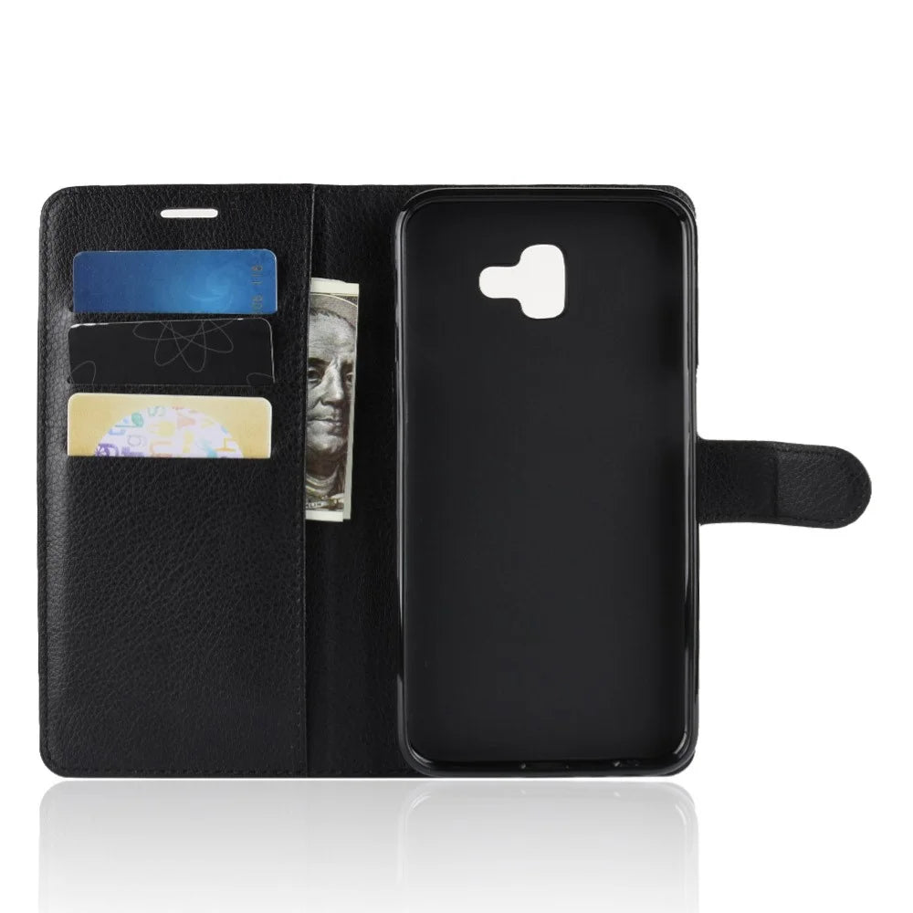 Litchi Skin Leather Stand Cover with Card Slots for Samsung Galaxy J6 Plus - Black - 3