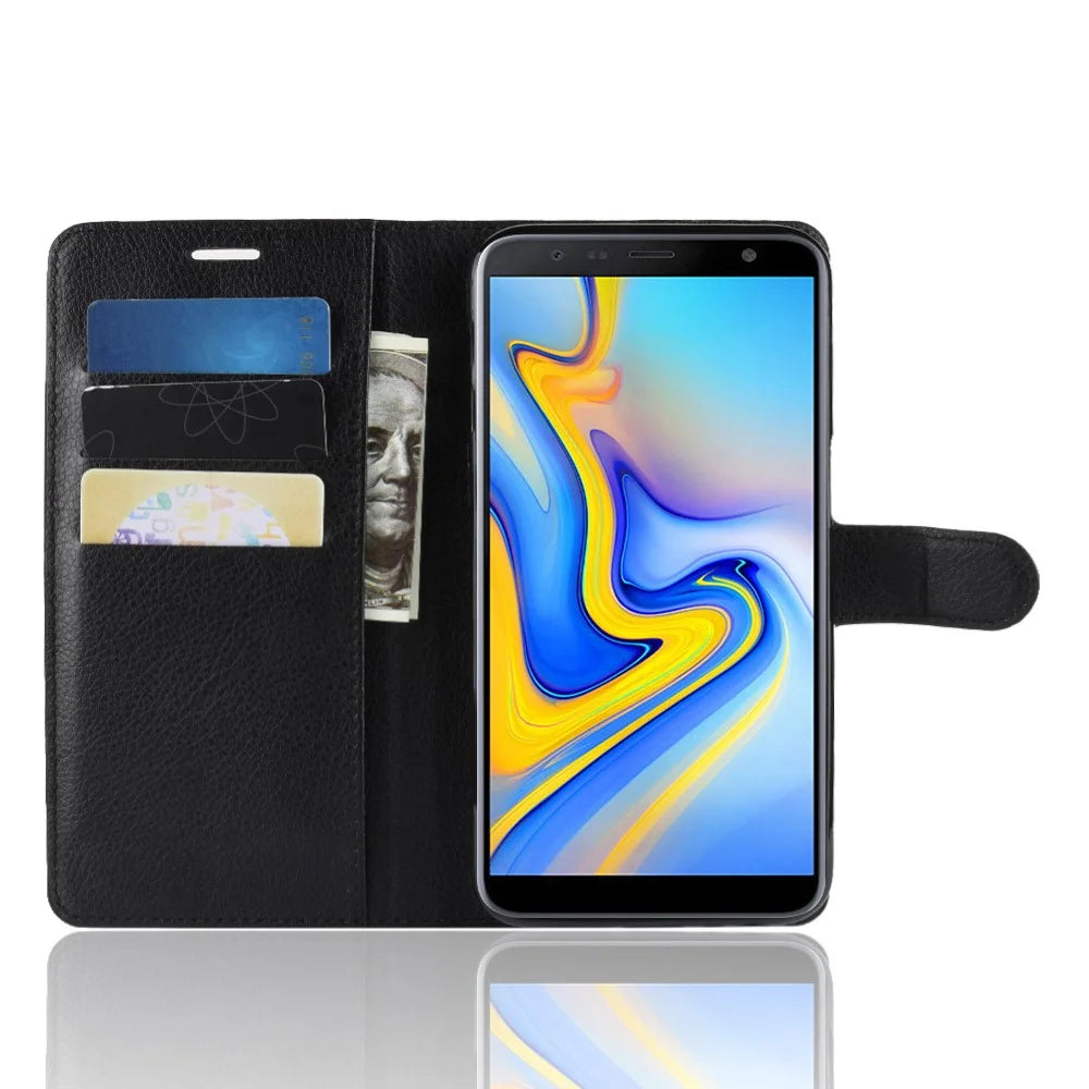 Litchi Skin Leather Stand Cover with Card Slots for Samsung Galaxy J6 Plus - Black - 4