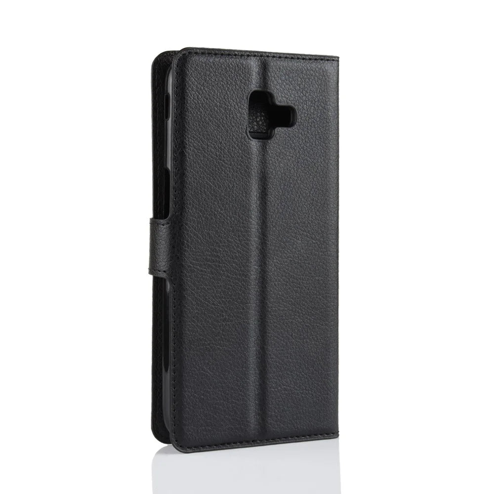 Litchi Skin Leather Stand Cover with Card Slots for Samsung Galaxy J6 Plus - Black - 6