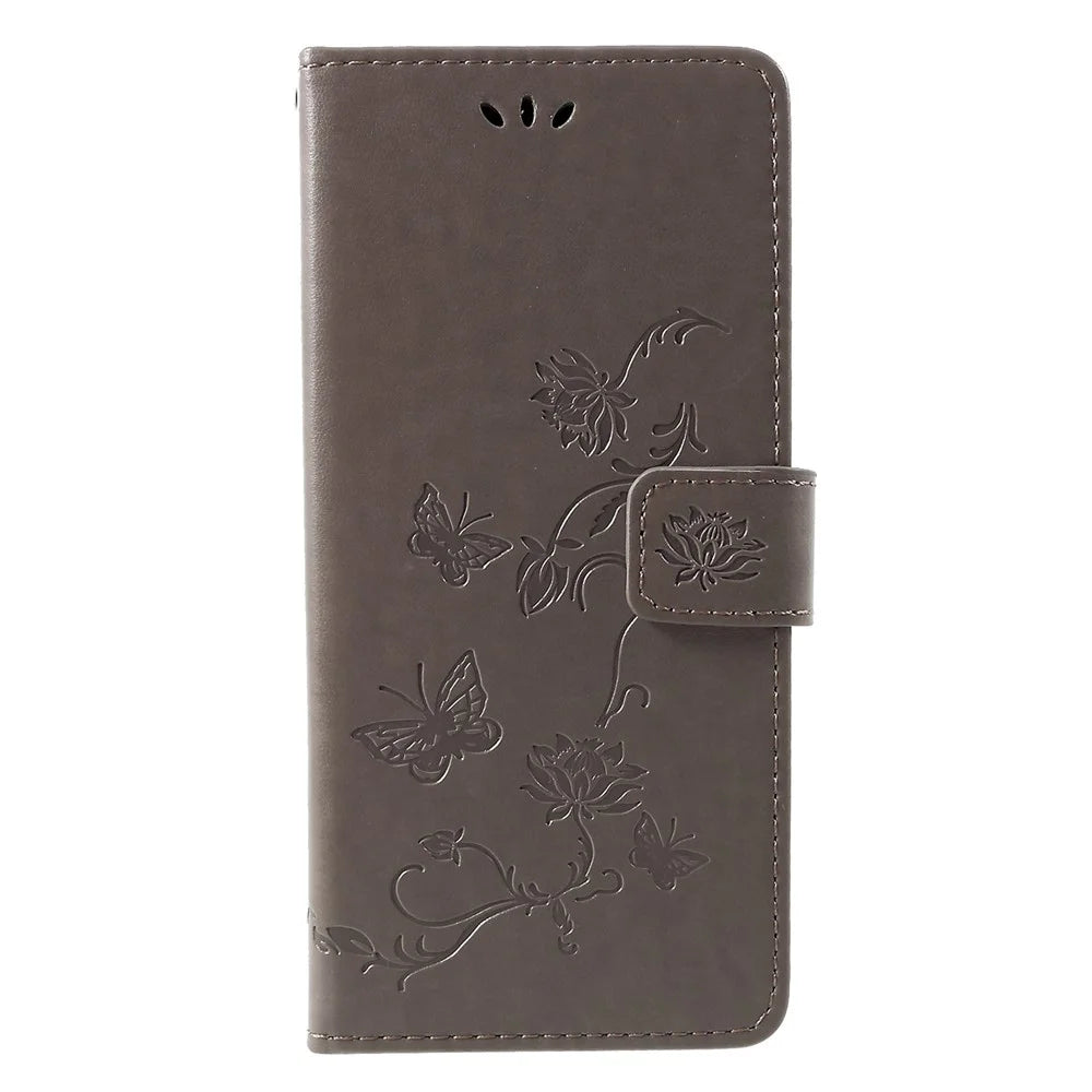 Imprint Butterfly Flower Wallet Stand Leather Shell for Samsung Galaxy J4+ - Grey - 1