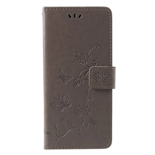 Imprint Butterfly Flower Wallet Stand Leather Shell for Samsung Galaxy J4+ - Grey - 1