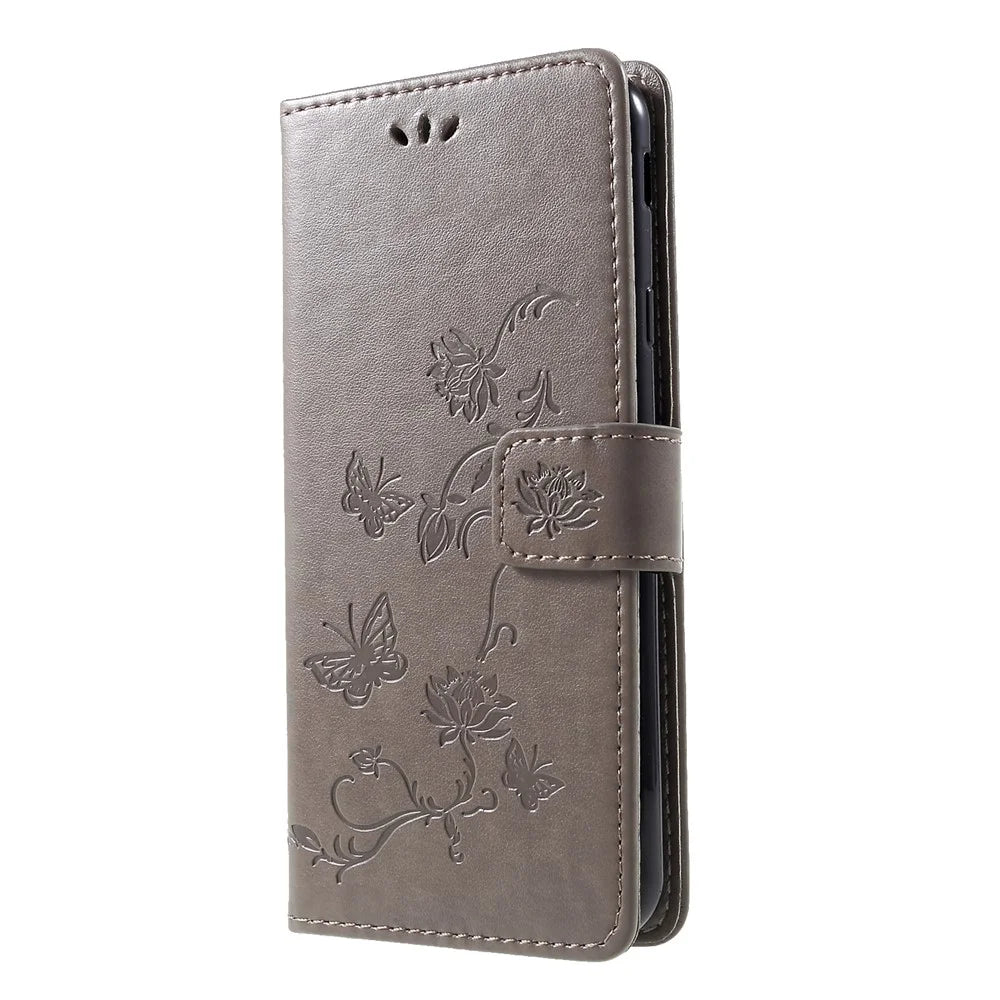 Imprint Butterfly Flower Wallet Stand Leather Shell for Samsung Galaxy J4+ - Grey - 3
