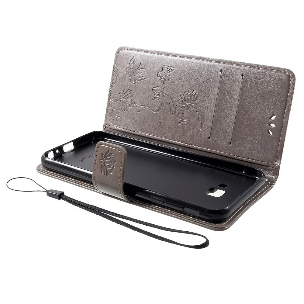 Imprint Butterfly Flower Wallet Stand Leather Shell for Samsung Galaxy J4+ - Grey - 5