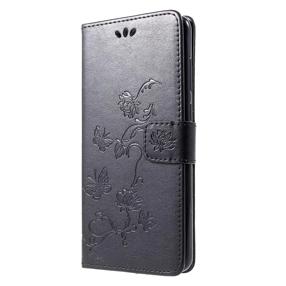 Imprint Butterfly Flower Leather Phone Wallet Stand Case for Samsung Galaxy A9 (2018)/A9 Star Pro/A9s - Black - 3