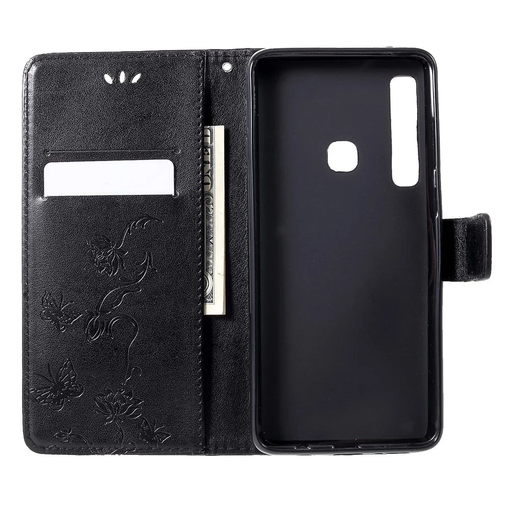 Imprint Butterfly Flower Leather Phone Wallet Stand Case for Samsung Galaxy A9 (2018)/A9 Star Pro/A9s - Black - 5