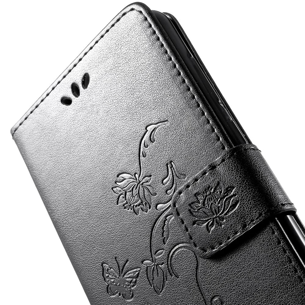 Imprint Butterfly Flower Leather Phone Wallet Stand Case for Samsung Galaxy A9 (2018)/A9 Star Pro/A9s - Black - 6