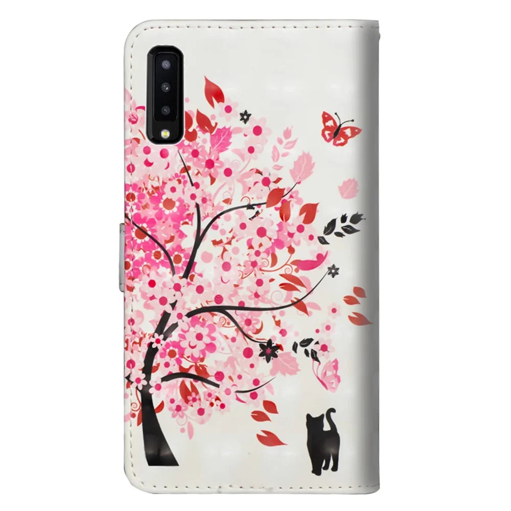 Pattern Printing Light Spot Decor Wallet Stand Leather Flip Mobile Phone Case for Samsung Galaxy A7 (2018) - Flowered Tree - 5