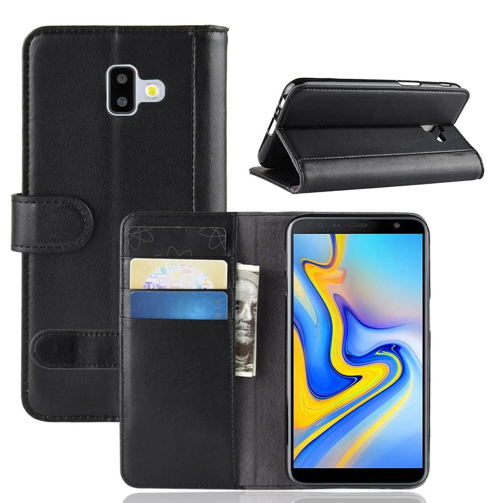 For Samsung Galaxy J6 Plus Phone Cases Genuine Split Leather Wallet Mobile Cover Stand - Black - 1