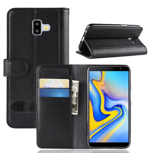 For Samsung Galaxy J6 Plus Phone Cases Genuine Split Leather Wallet Mobile Cover Stand - Black - 1