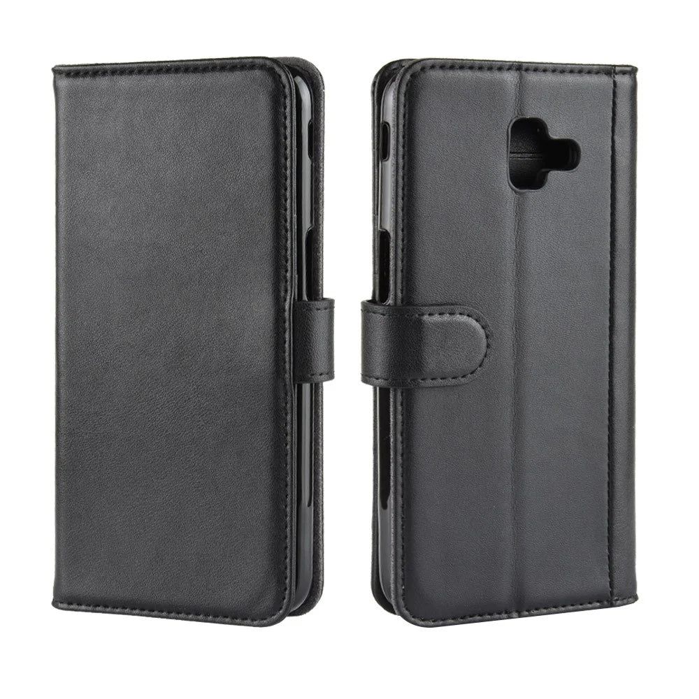 For Samsung Galaxy J6 Plus Phone Cases Genuine Split Leather Wallet Mobile Cover Stand - Black - 2