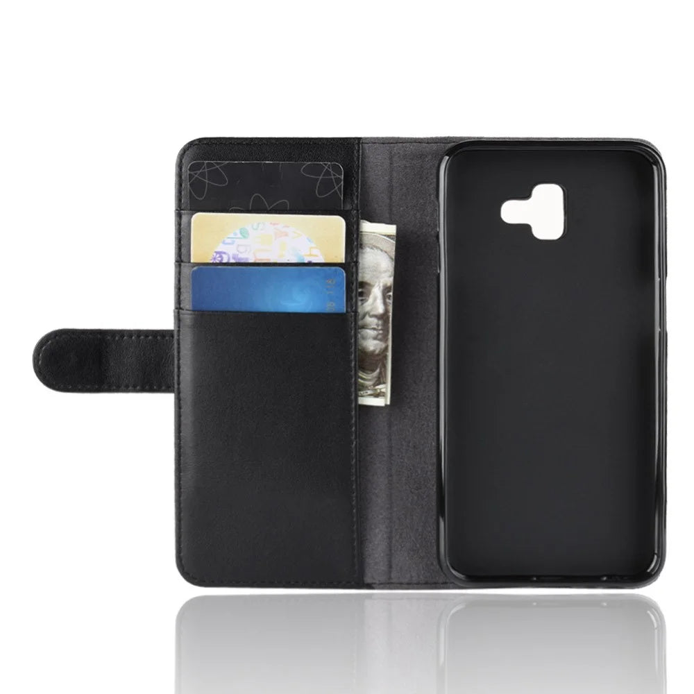 For Samsung Galaxy J6 Plus Phone Cases Genuine Split Leather Wallet Mobile Cover Stand - Black - 5
