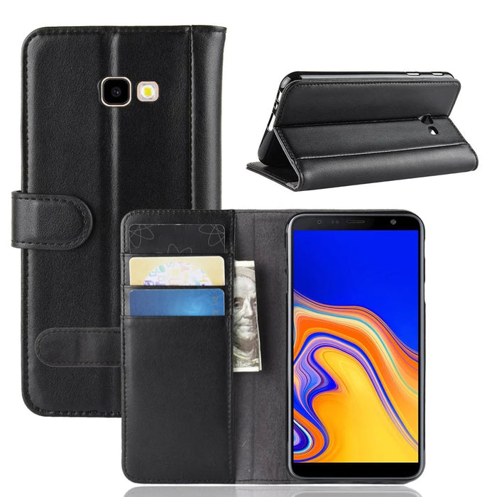 For Samsung Galaxy J4 Plus Phone Cases Genuine Split Leather Wallet Mobile Cover Stand - Black - 1