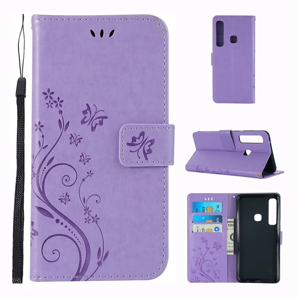 Imprint Butterfly Flower Stand Wallet Leather Cellphone Case for Samsung Galaxy A9 (2018)/A9 Star Pro/A9s - Purple - 1