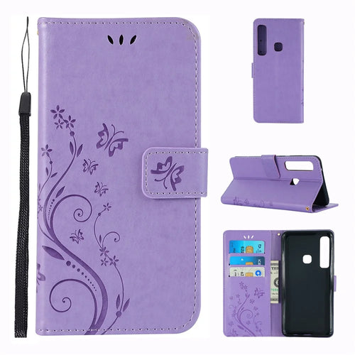 Imprint Butterfly Flower Stand Wallet Leather Cellphone Case for Samsung Galaxy A9 (2018)/A9 Star Pro/A9s - Purple - 1