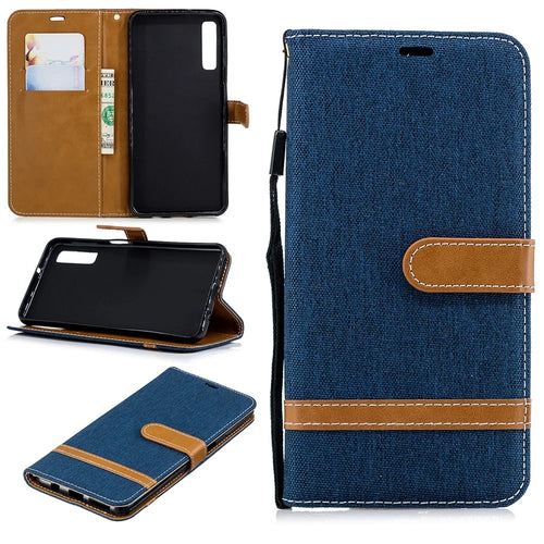 Assorted Color Jeans Cloth Leather Stand Cover with Card Slots for Samsung Galaxy A7 (2018) - Dark Blue - 1