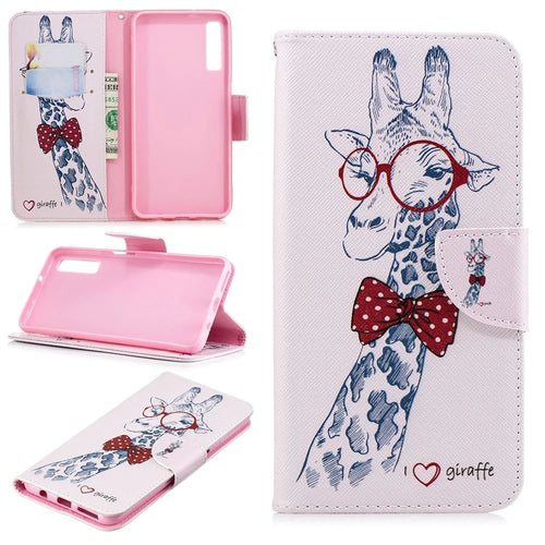 Pattern Printing PU Leather Flip Protection Cover for Samsung Galaxy A7 (2018) A750 - Giraffe Wearing Glasses - 1
