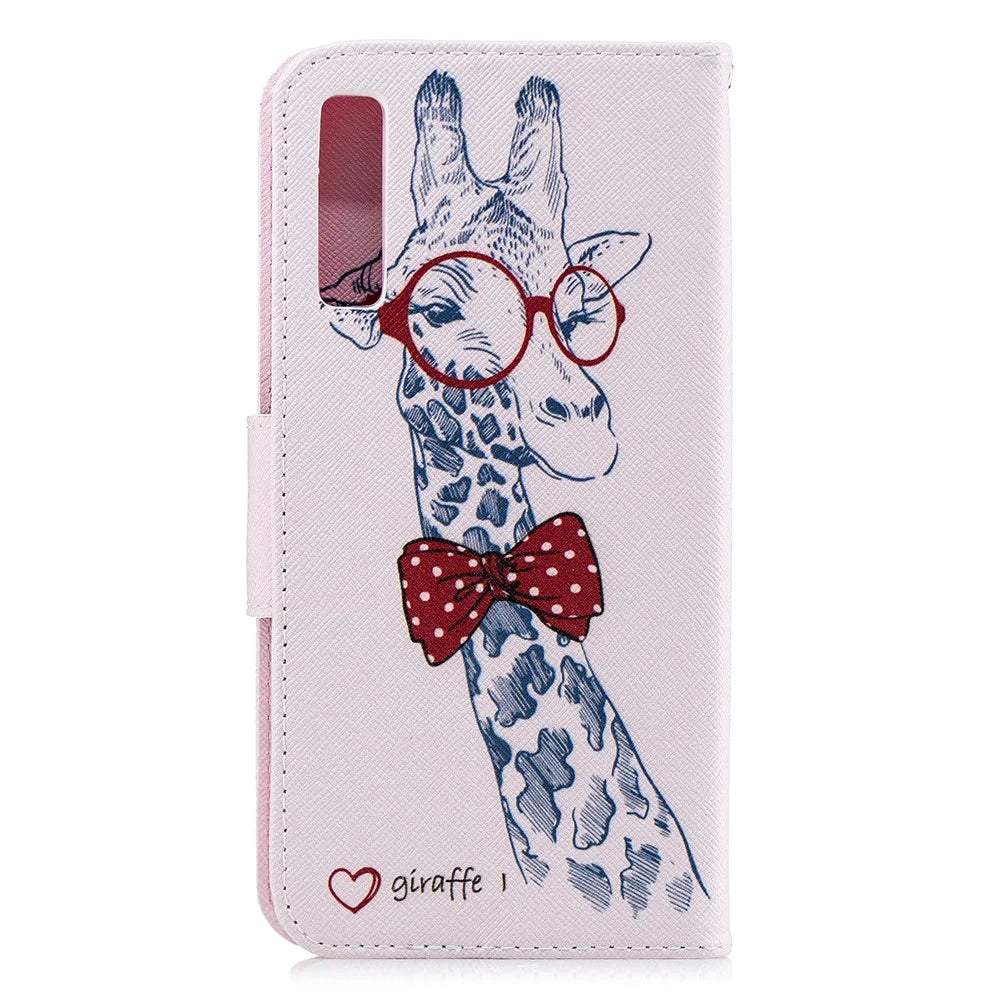 Pattern Printing PU Leather Flip Protection Cover for Samsung Galaxy A7 (2018) A750 - Giraffe Wearing Glasses - 3