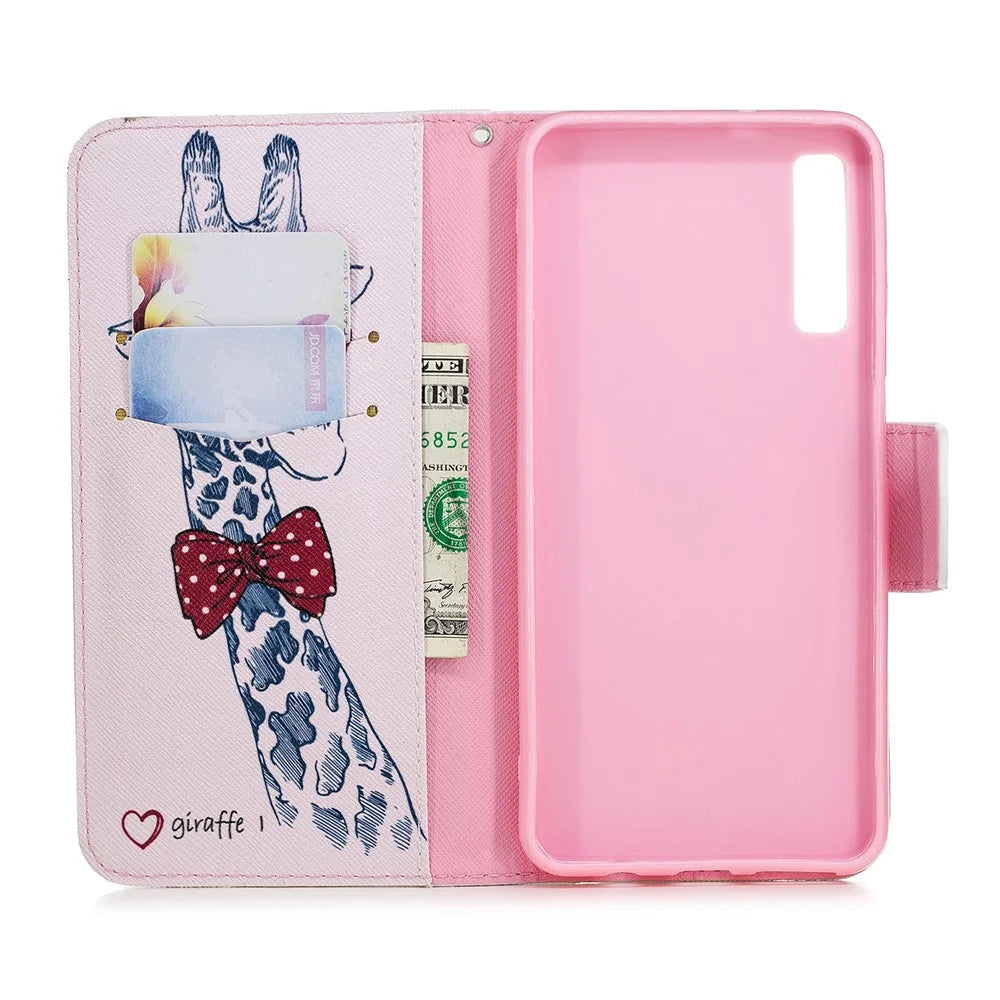 Pattern Printing PU Leather Flip Protection Cover for Samsung Galaxy A7 (2018) A750 - Giraffe Wearing Glasses - 4