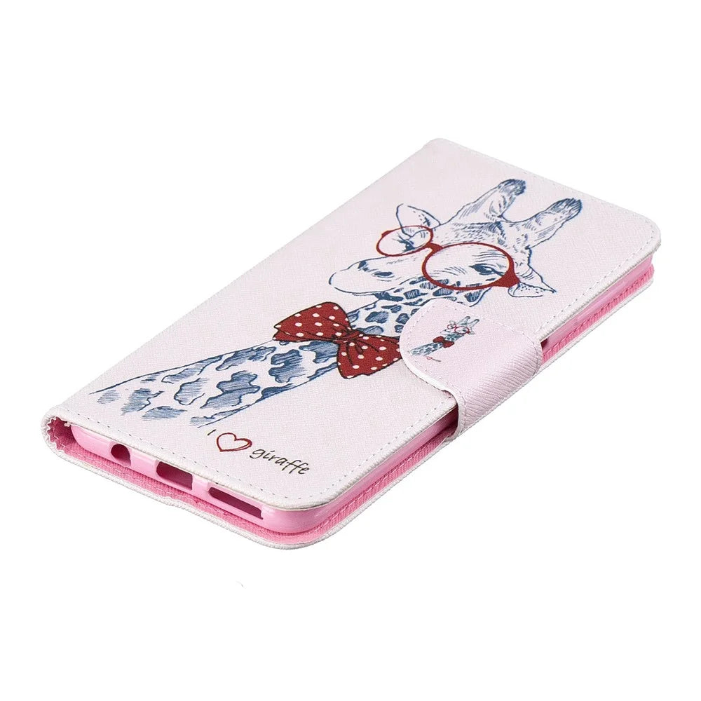 Pattern Printing PU Leather Flip Protection Cover for Samsung Galaxy A7 (2018) A750 - Giraffe Wearing Glasses - 7