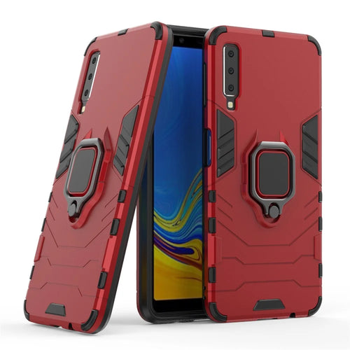Cool Guard Ring Holder Kickstand PC TPU Hybrid Cover for Samsung Galaxy A7 (2018) - Red - 1