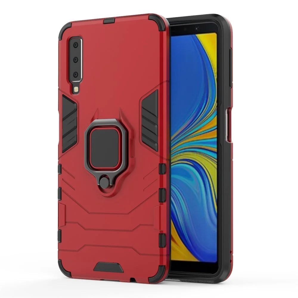 Cool Guard Ring Holder Kickstand PC TPU Hybrid Cover for Samsung Galaxy A7 (2018) - Red - 2