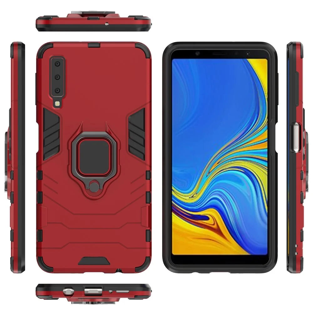 Cool Guard Ring Holder Kickstand PC TPU Hybrid Cover for Samsung Galaxy A7 (2018) - Red - 4