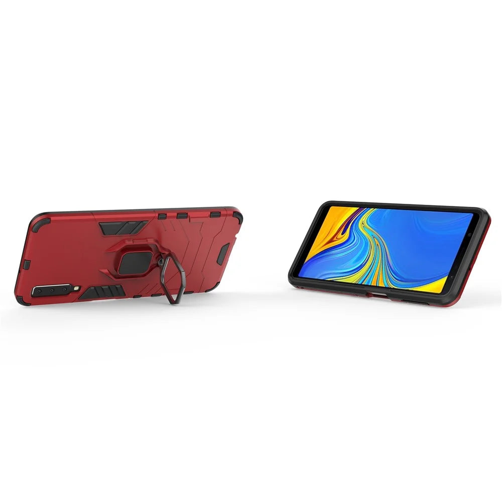 Cool Guard Ring Holder Kickstand PC TPU Hybrid Cover for Samsung Galaxy A7 (2018) - Red - 5
