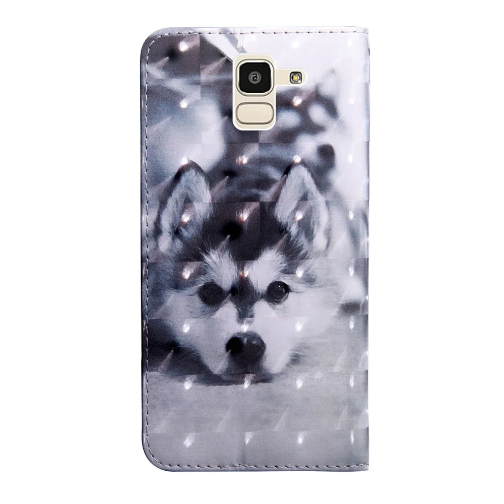 Light Spot Decor Patterned Wallet Leather Stand Case for Samsung Galaxy J6 (2018) - Black and White Wolf - 3