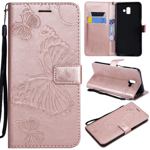For Samsung Galaxy J6+ J610F / J6 Prime Wallet Case Floral Butterfly Imprinted Leather Phone Cover Stand - Rose Gold - 1