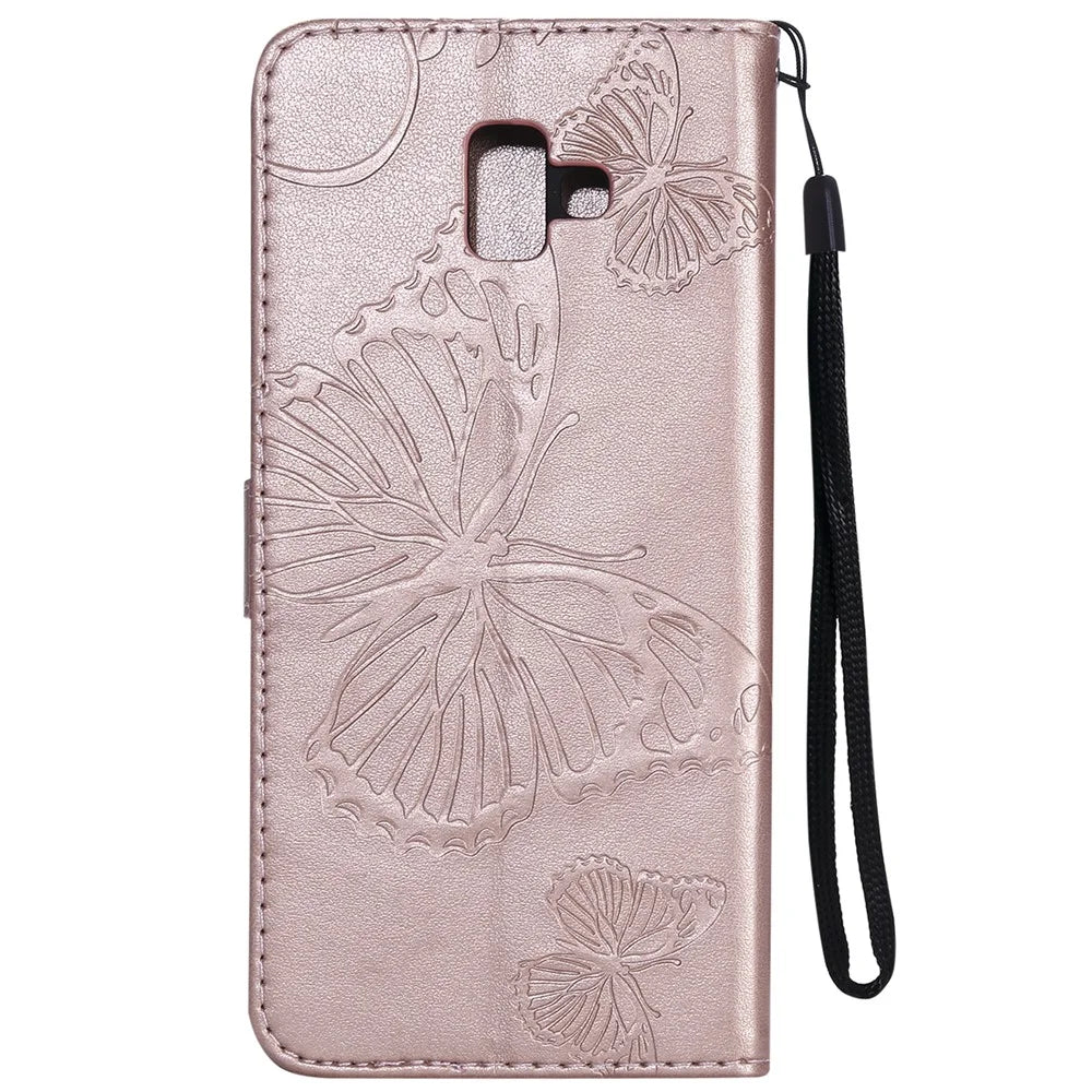 For Samsung Galaxy J6+ J610F / J6 Prime Wallet Case Floral Butterfly Imprinted Leather Phone Cover Stand - Rose Gold - 3
