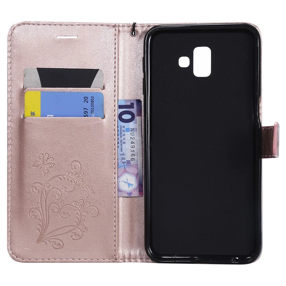 For Samsung Galaxy J6+ J610F / J6 Prime Wallet Case Floral Butterfly Imprinted Leather Phone Cover Stand - Rose Gold - 4