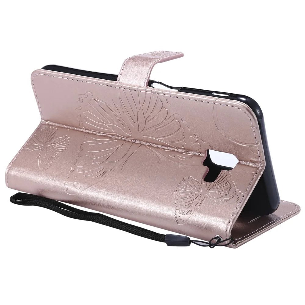 For Samsung Galaxy J6+ J610F / J6 Prime Wallet Case Floral Butterfly Imprinted Leather Phone Cover Stand - Rose Gold - 7