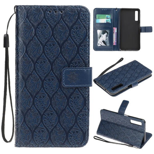 Imprint Leaf Wallet Leather Case Accessory for Samsung Galaxy A7 (2018) A750 - Dark Blue - 1