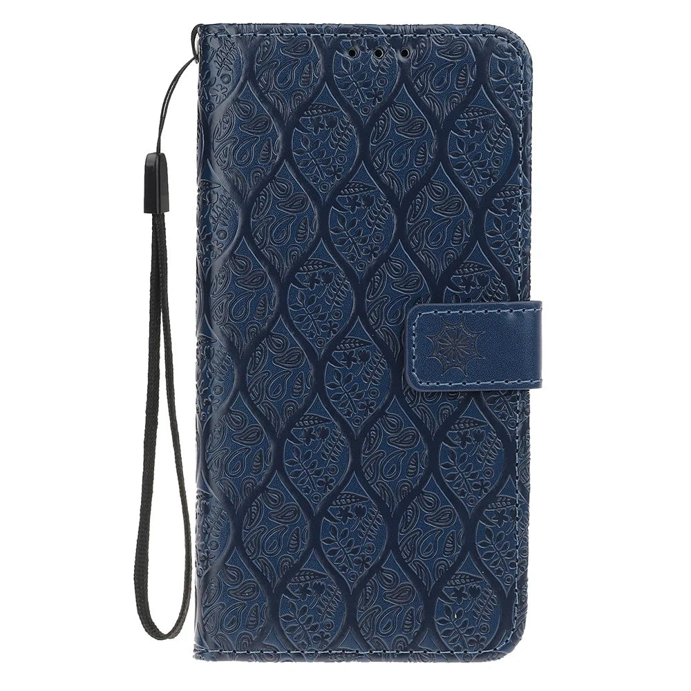 Imprint Leaf Wallet Leather Case Accessory for Samsung Galaxy A7 (2018) A750 - Dark Blue - 2