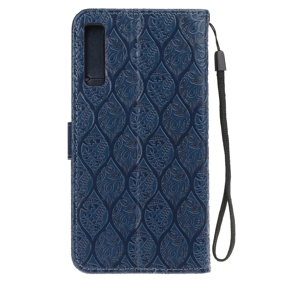 Imprint Leaf Wallet Leather Case Accessory for Samsung Galaxy A7 (2018) A750 - Dark Blue - 3