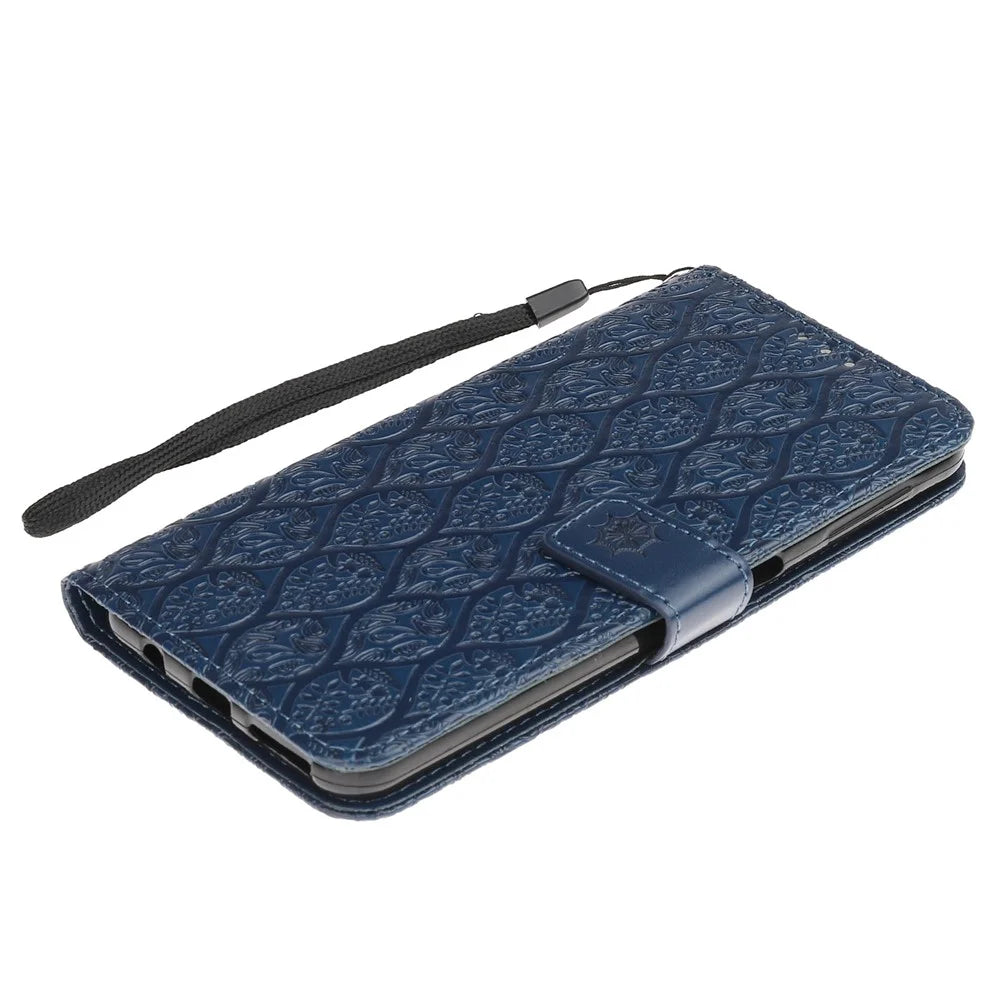 Imprint Leaf Wallet Leather Case Accessory for Samsung Galaxy A7 (2018) A750 - Dark Blue - 4