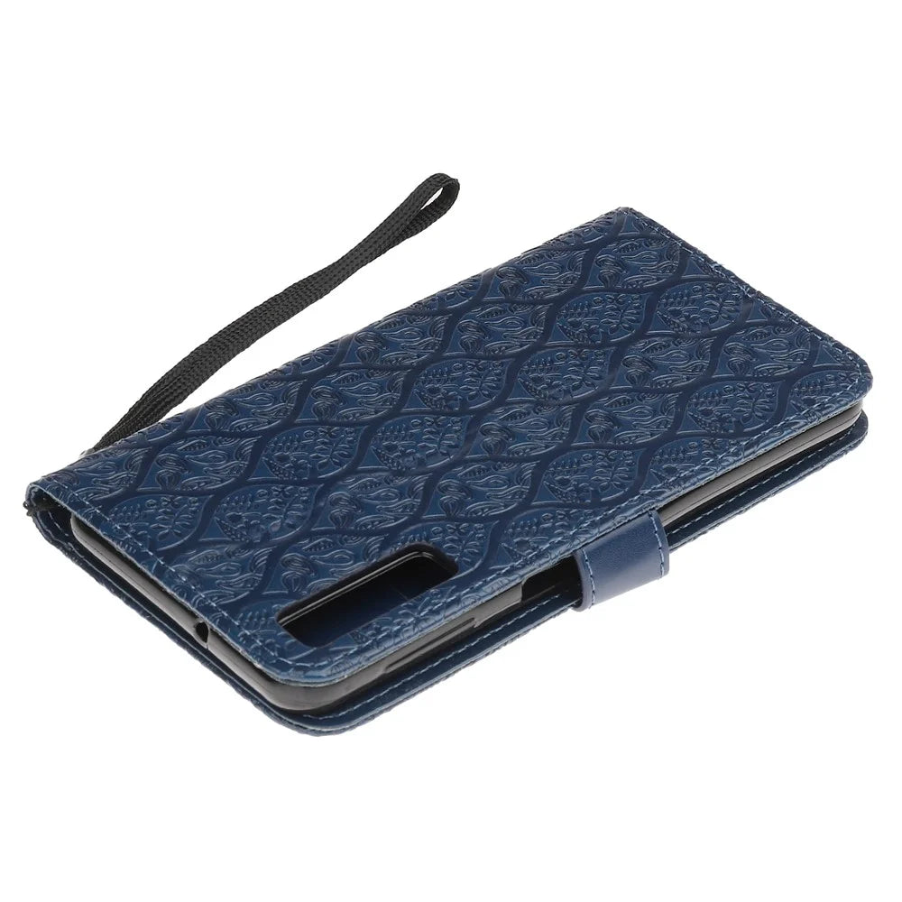 Imprint Leaf Wallet Leather Case Accessory for Samsung Galaxy A7 (2018) A750 - Dark Blue - 5