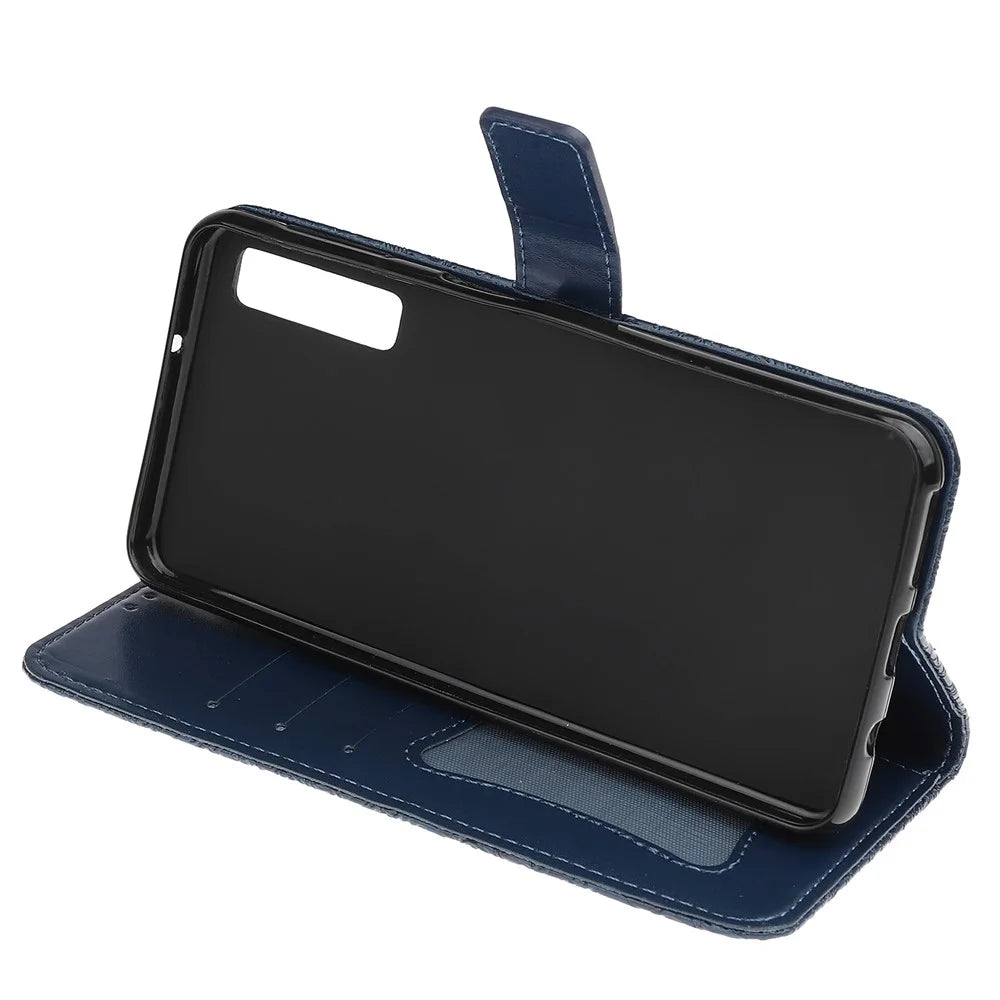 Imprint Leaf Wallet Leather Case Accessory for Samsung Galaxy A7 (2018) A750 - Dark Blue - 6