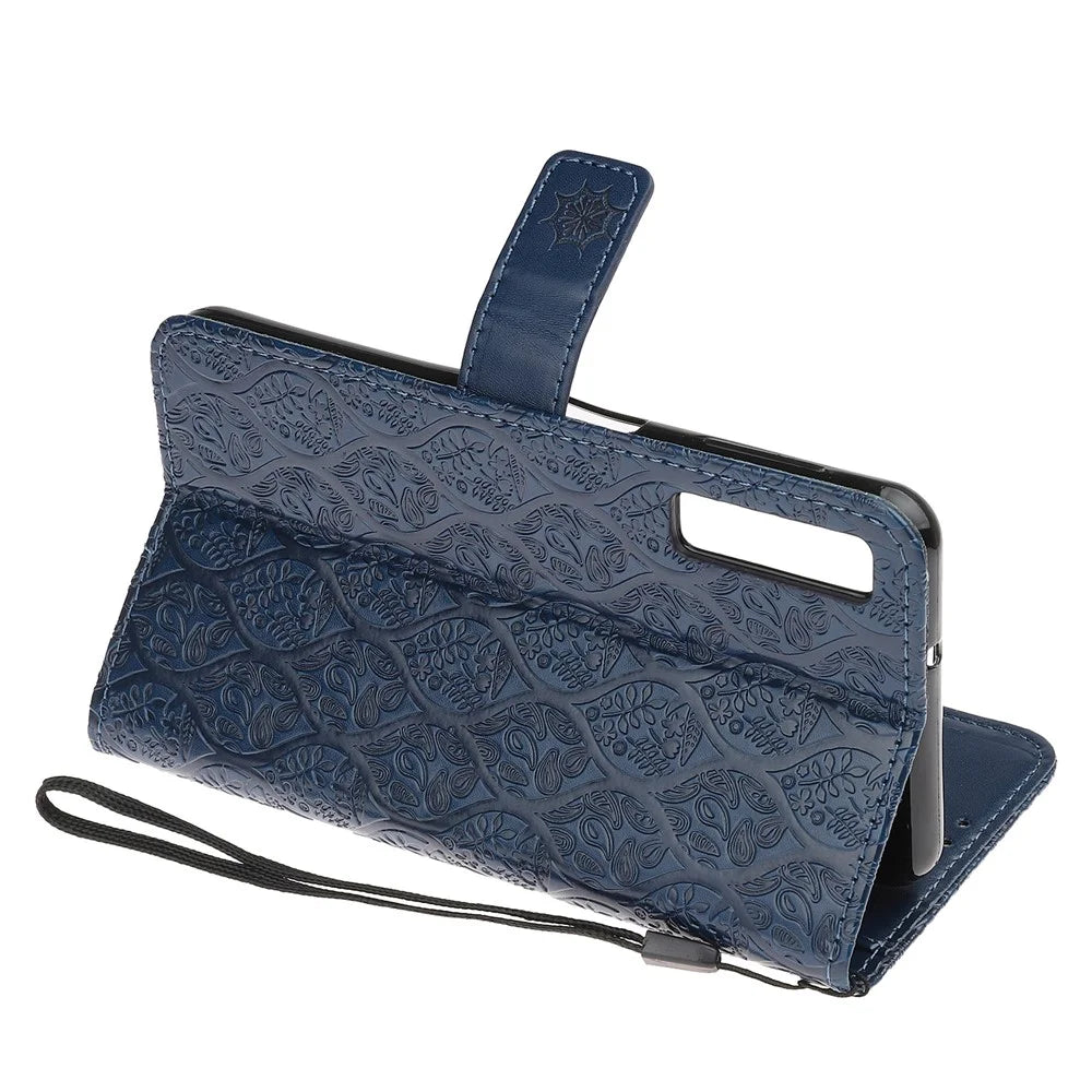 Imprint Leaf Wallet Leather Case Accessory for Samsung Galaxy A7 (2018) A750 - Dark Blue - 7