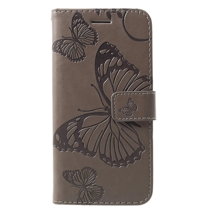 For Samsung Galaxy S10e Wallet Case Floral Butterfly Imprinted Leather Phone Cover Stand - Grey - 1